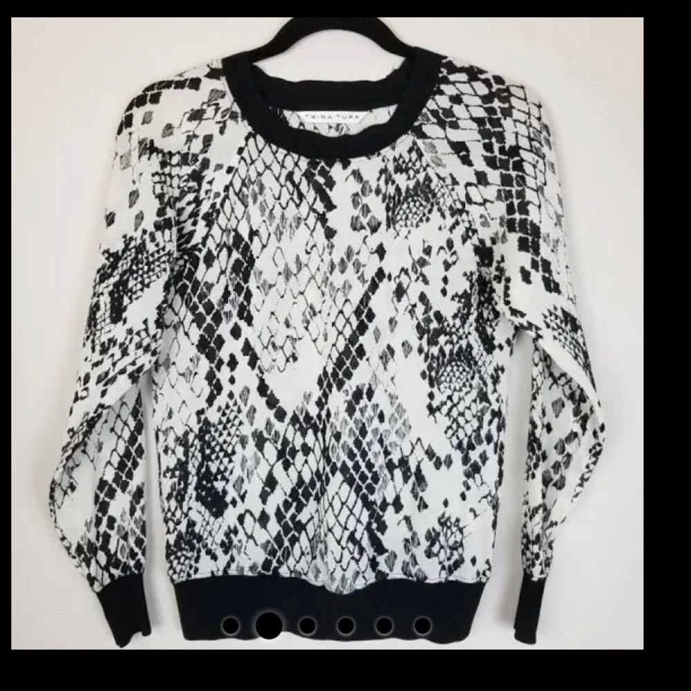 EUC- Trina Turk Black White Snake Print Crew Neck Semi Sheer long sleeve top